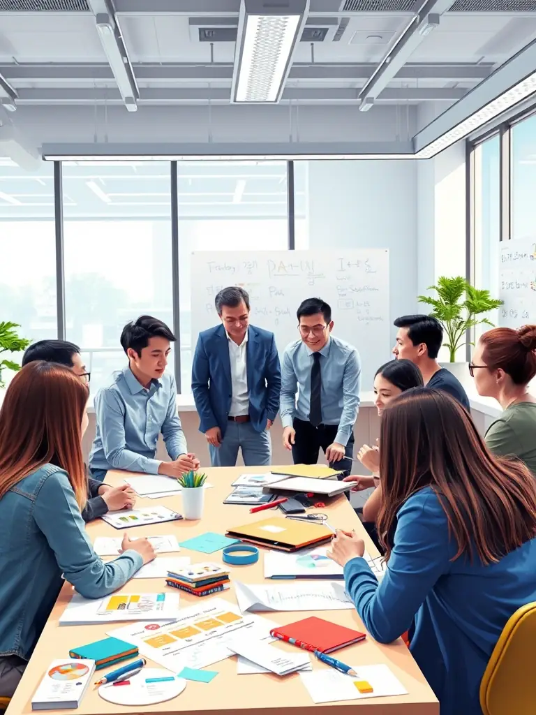 A collaborative workshop session where Arazaka Corp consultants are guiding a client team through the development of a customized STEAM education program.