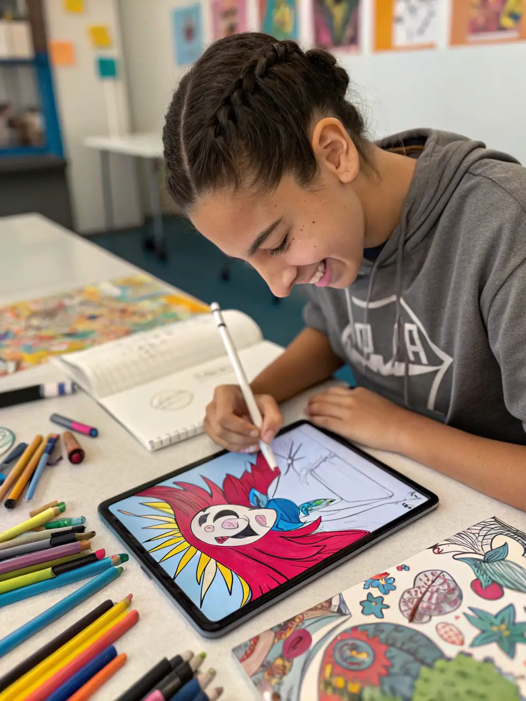 An image showcasing a student creating digital art using a stylus and tablet, highlighting the integration of arts in STEAM education. The artwork should be colorful and imaginative.