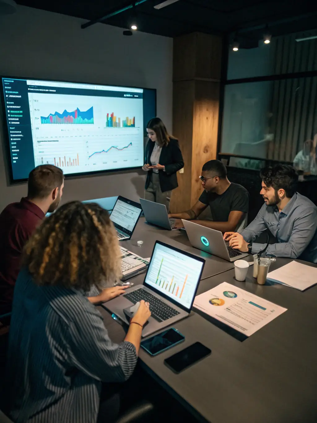 A marketing team collaborating on a digital campaign strategy, using data analytics tools to optimize their approach, demonstrating Arazaka Corp's Marketing 3.0 solutions.