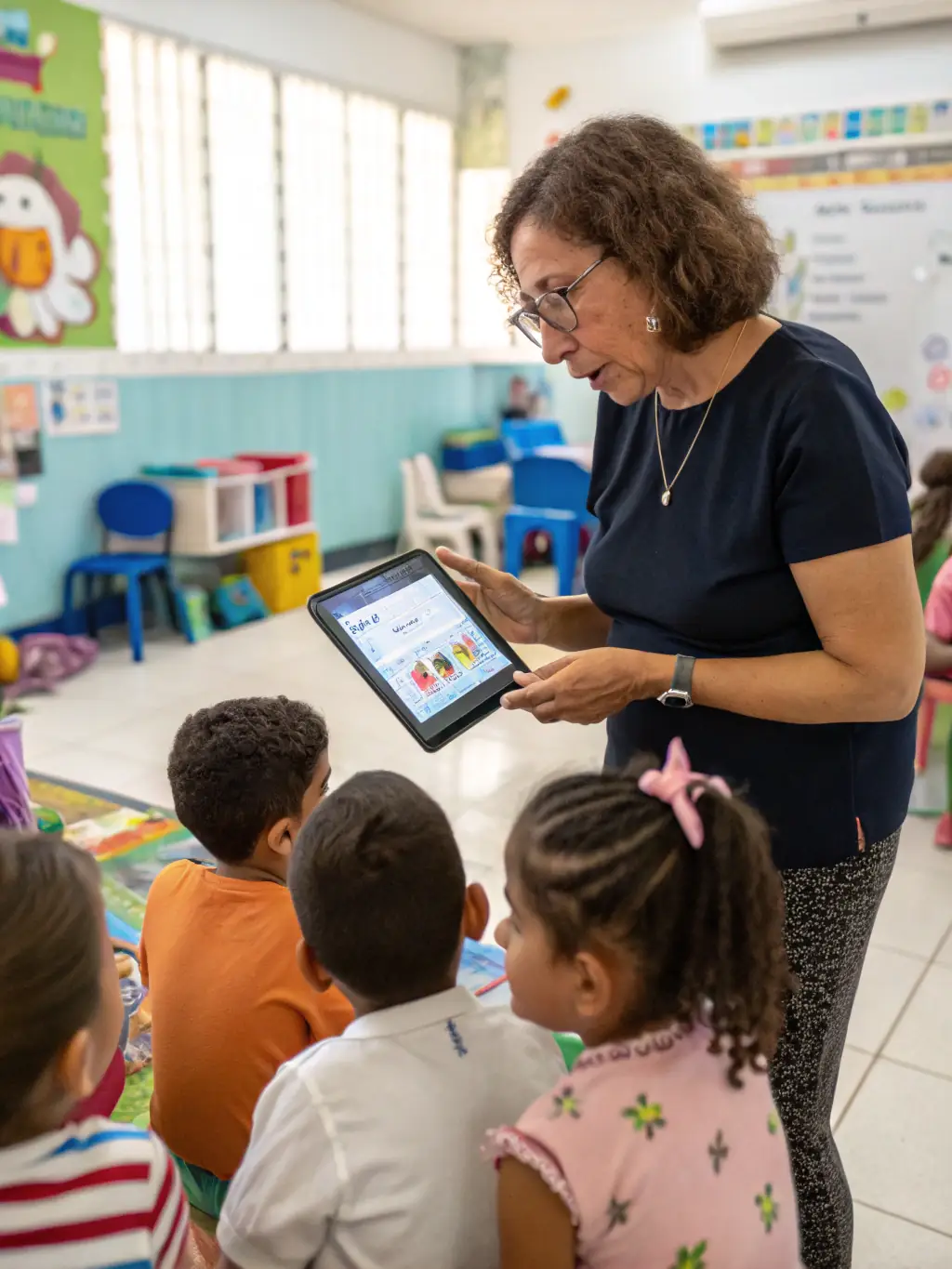 A professional educator using Arazaka Corp's STEAM Education Platform in a classroom setting, with students actively participating and engaged with the interactive content on tablets.