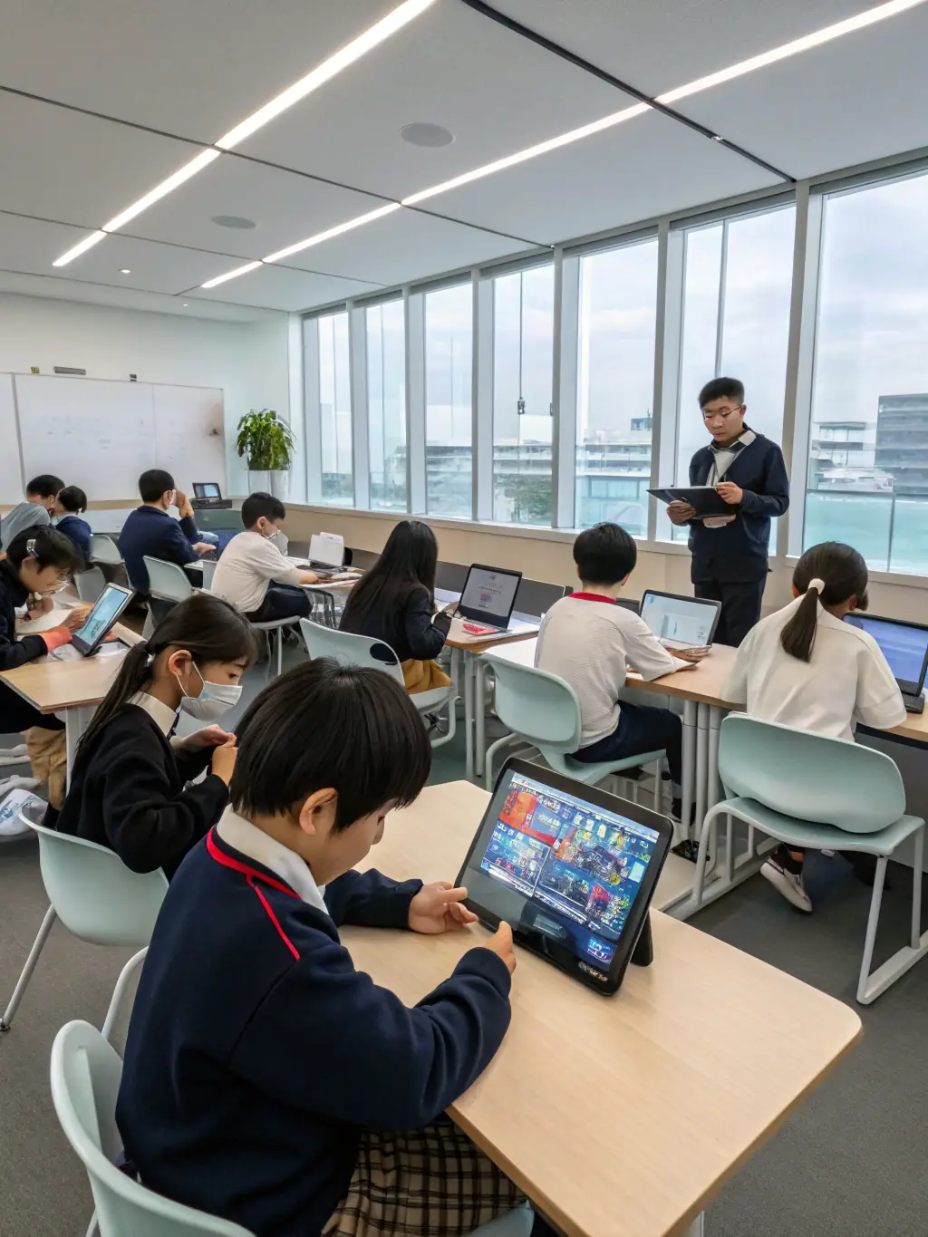 A vibrant image of students actively participating in a STEAM lesson using Arazaka Corp's educational platform, showcasing hands-on learning and collaboration.