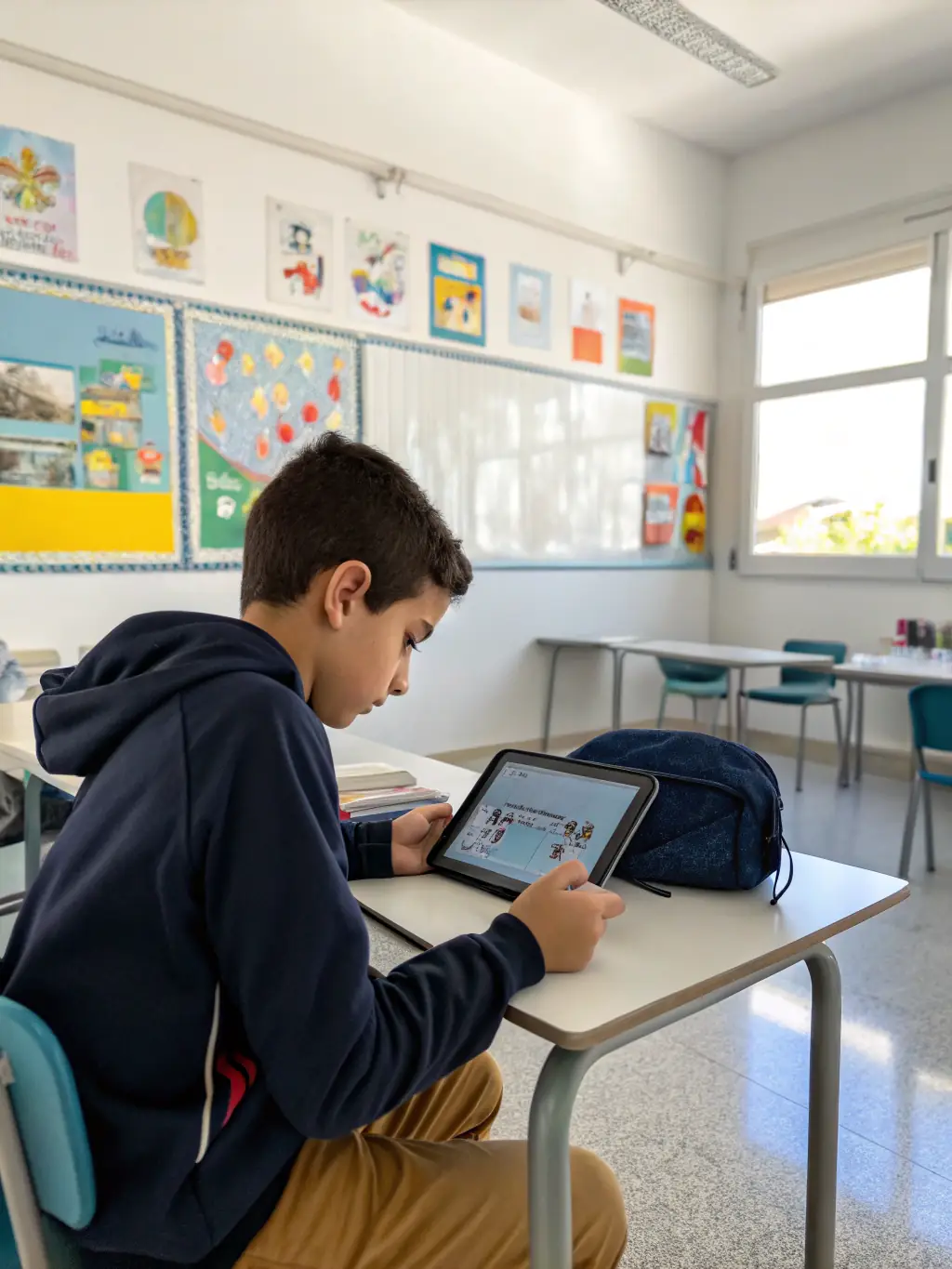 An image of a student using a tablet with educational software, illustrating the integration of technology in STEAM education. The interface should be user-friendly and visually appealing.