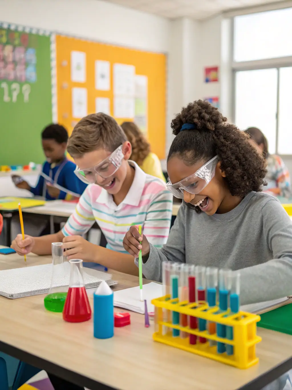 A diverse group of students actively participating in a hands-on science experiment in a brightly lit, modern classroom, showcasing Arazaka Corp's STEAM education technology in action.