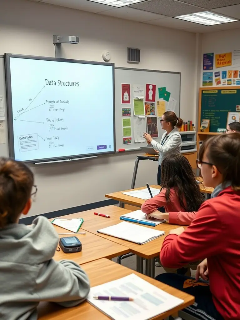 A teacher using a digital whiteboard to present an engaging lesson on coding to a class of attentive students, highlighting Arazaka Corp's innovative approach to STEAM education.