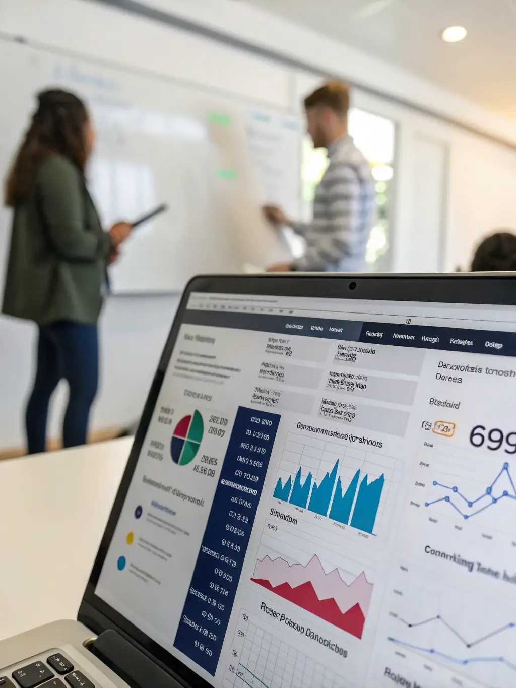 A close-up shot of a computer screen displaying a complex marketing analytics dashboard with AI-generated insights, showcasing Arazaka Corp's data-driven approach to digital marketing.