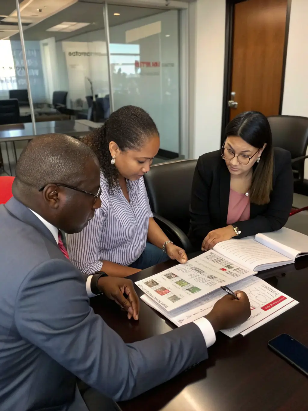 A business owner reviewing a detailed marketing report with an Arazaka Corp consultant, discussing key performance indicators and future growth opportunities, showcasing the personalized service.
