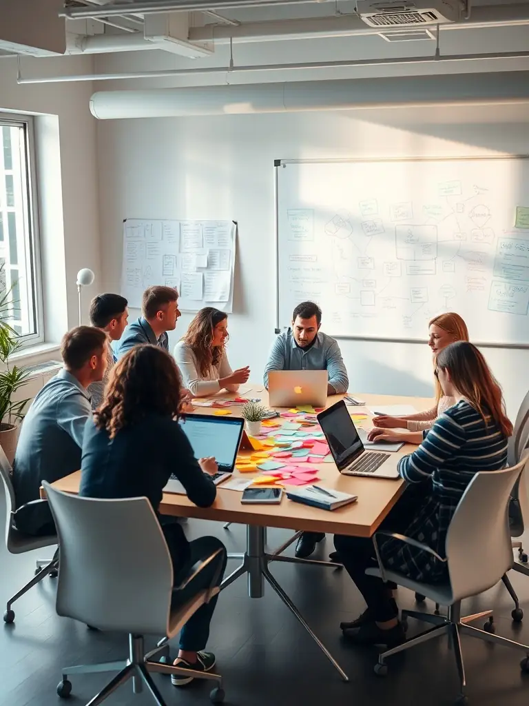 A diverse team of marketing professionals collaborating on a Marketing 3.0 campaign, showcasing Arazaka Corp's expertise in digital marketing and brand strategy.