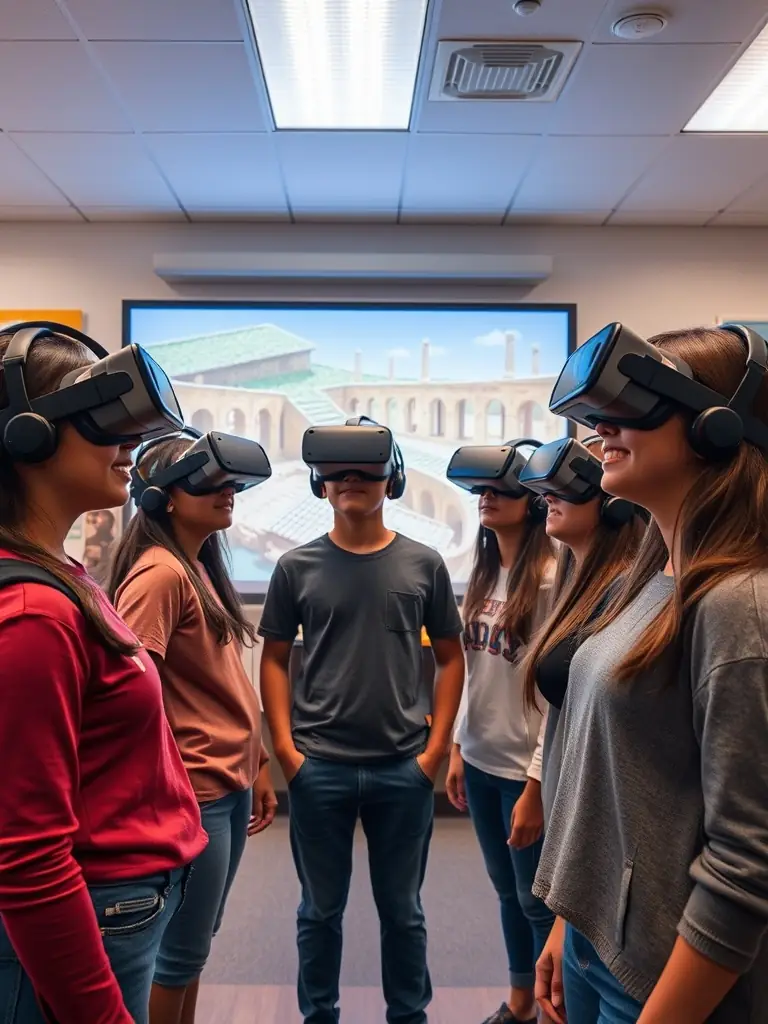 A vibrant image showcasing students using VR headsets to explore a virtual historical site, focusing on engagement and immersive learning.