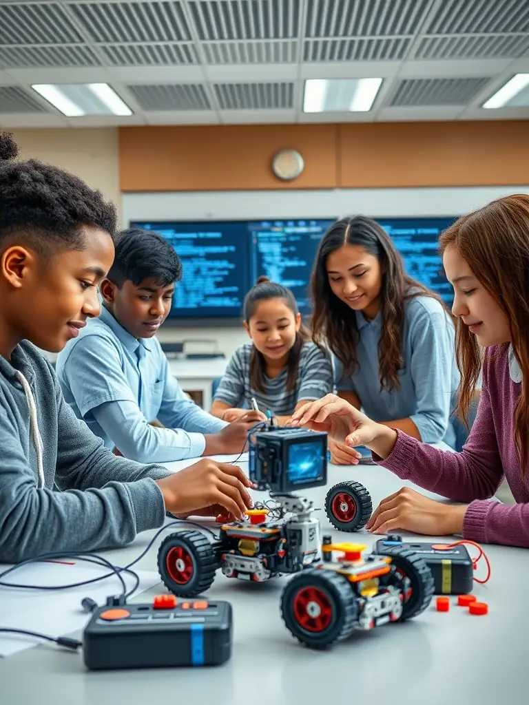 A group of students collaborating on a robotics project, programming and testing their robot in a modern, well-equipped classroom.