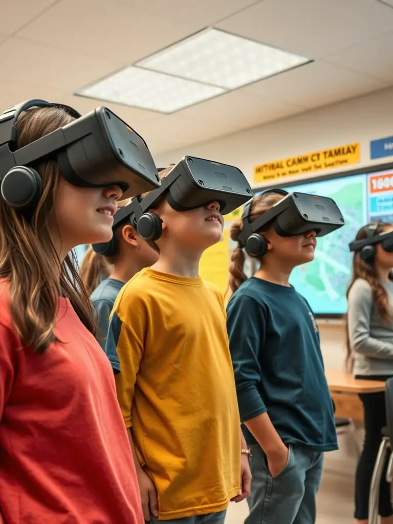 A vibrant classroom scene with students actively engaged in a VR lesson, exploring a historical site with enthusiasm, showcasing immersive learning.