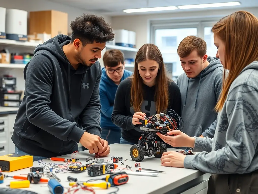 Students working collaboratively on a robotics project, designing and programming robots to solve a real-world problem. The scene is set in a well-equipped STEAM lab.