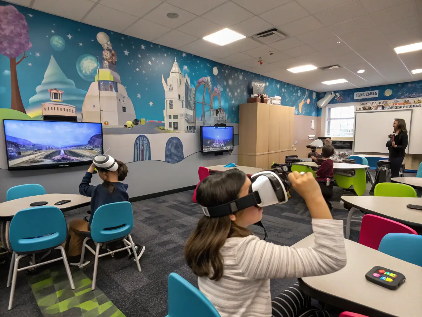 An image showcasing students in a classroom setting, enthusiastically using virtual reality headsets to explore a historical site. The scene is vibrant and engaging, highlighting the immersive nature of VR learning.