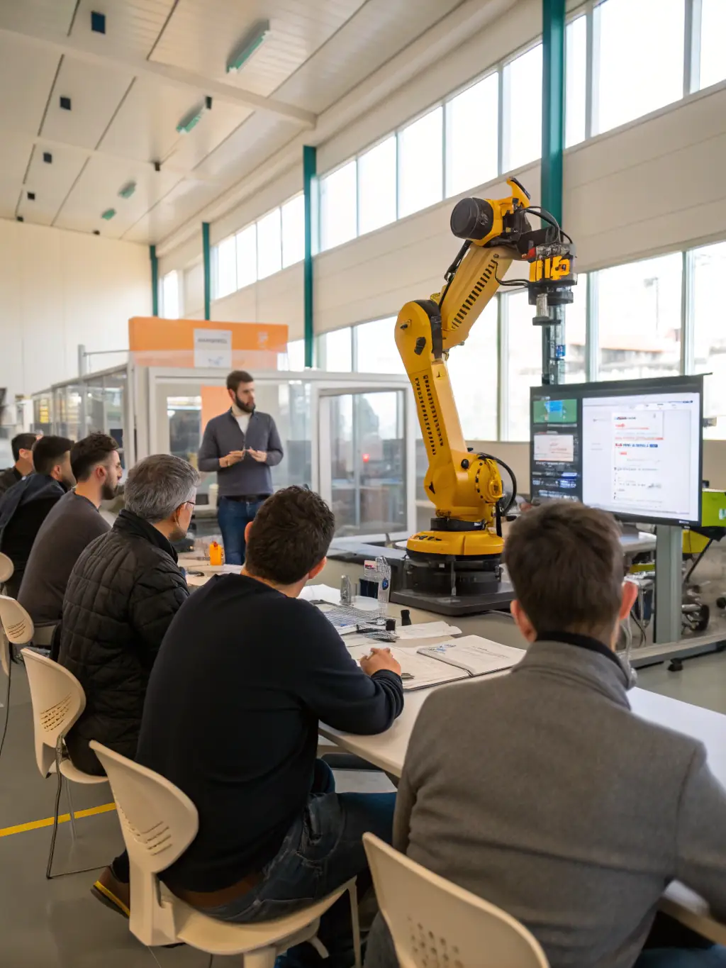A picture of teachers collaborating with Arazaka staff during a training session on robotics.