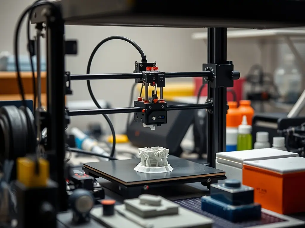An image showing students using 3D printers to create scientific prototypes. The setting is a modern lab, and the students are engaged in designing and prototyping.