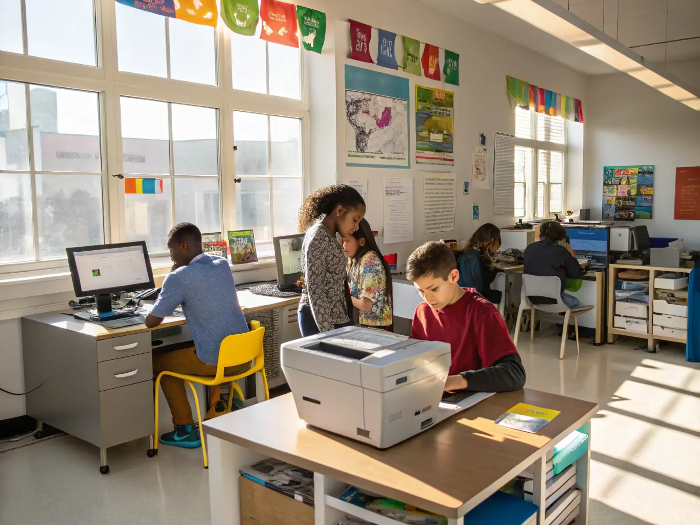 Students using a 3D printer to create a prototype of a scientific model. The image highlights the design thinking and prototyping aspects of 3D printing in a STEAM lab.