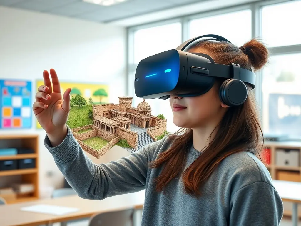 A student wearing a VR headset explores a virtual historical site, surrounded by classmates and a teacher in a modern classroom setting. The VR experience enhances their understanding of history and culture.