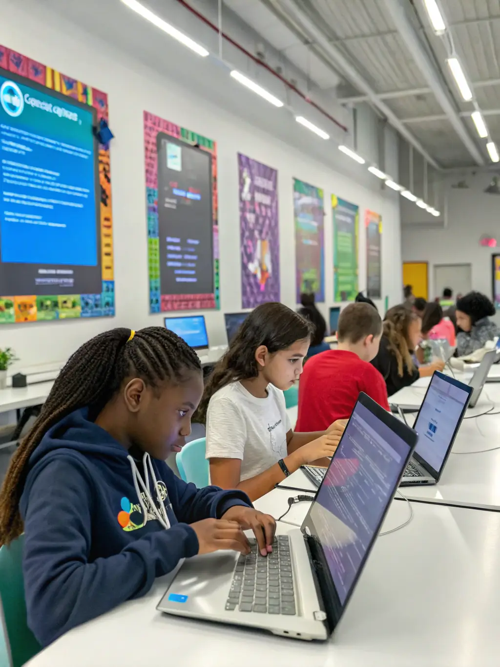 Students working together on a coding project, using laptops and interactive whiteboards in a modern STEAM lab. The focus is on computational thinking and collaborative coding.