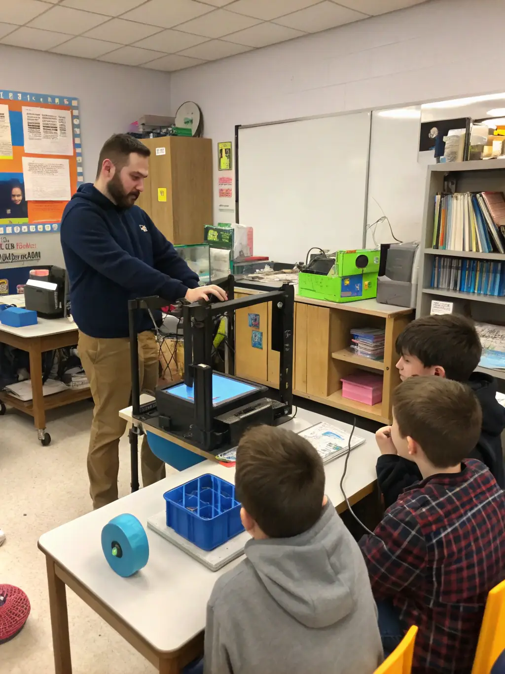 Image of students working together on a 3D printing project, designing and creating prototypes.