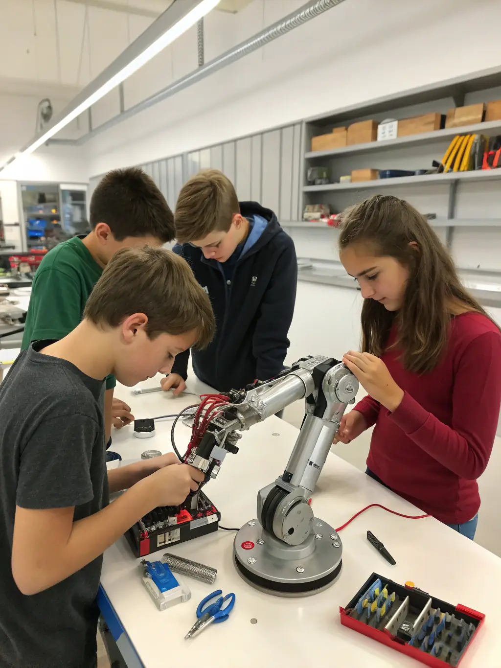 A group of diverse students collaboratively solving a complex problem using a robotic arm in a brightly lit, modern STEAM lab. The atmosphere is energetic and focused, showcasing teamwork and problem-solving skills.