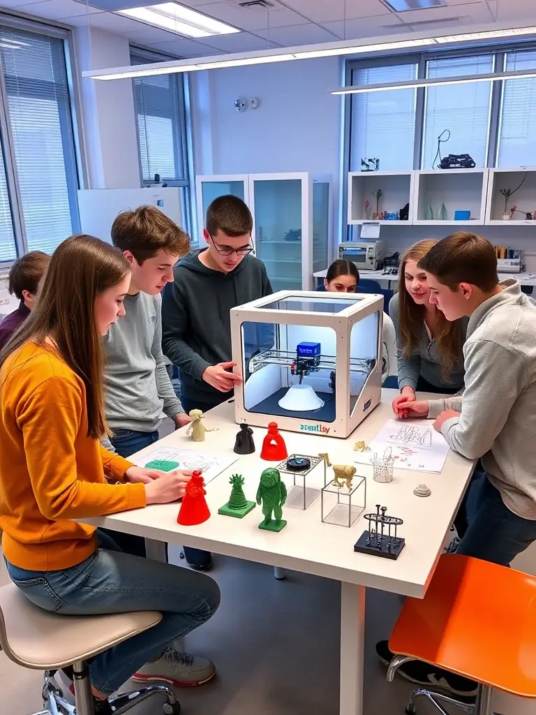 Students using 3D printers to create prototypes of scientific models, demonstrating practical application of STEAM concepts.