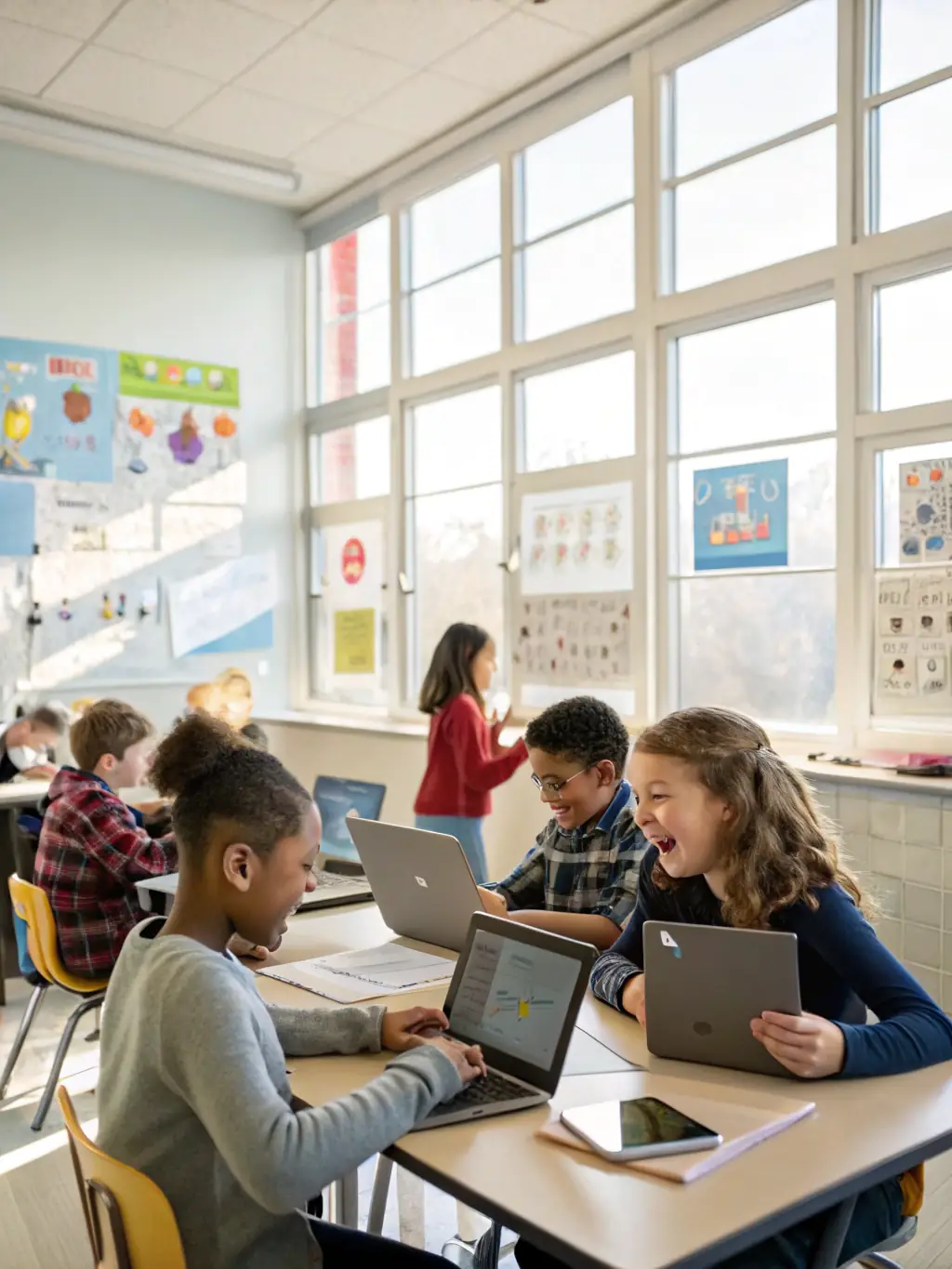 A classroom setting with students interacting with an AI-powered learning platform on tablets, with the Arazaka Corp interface visible.