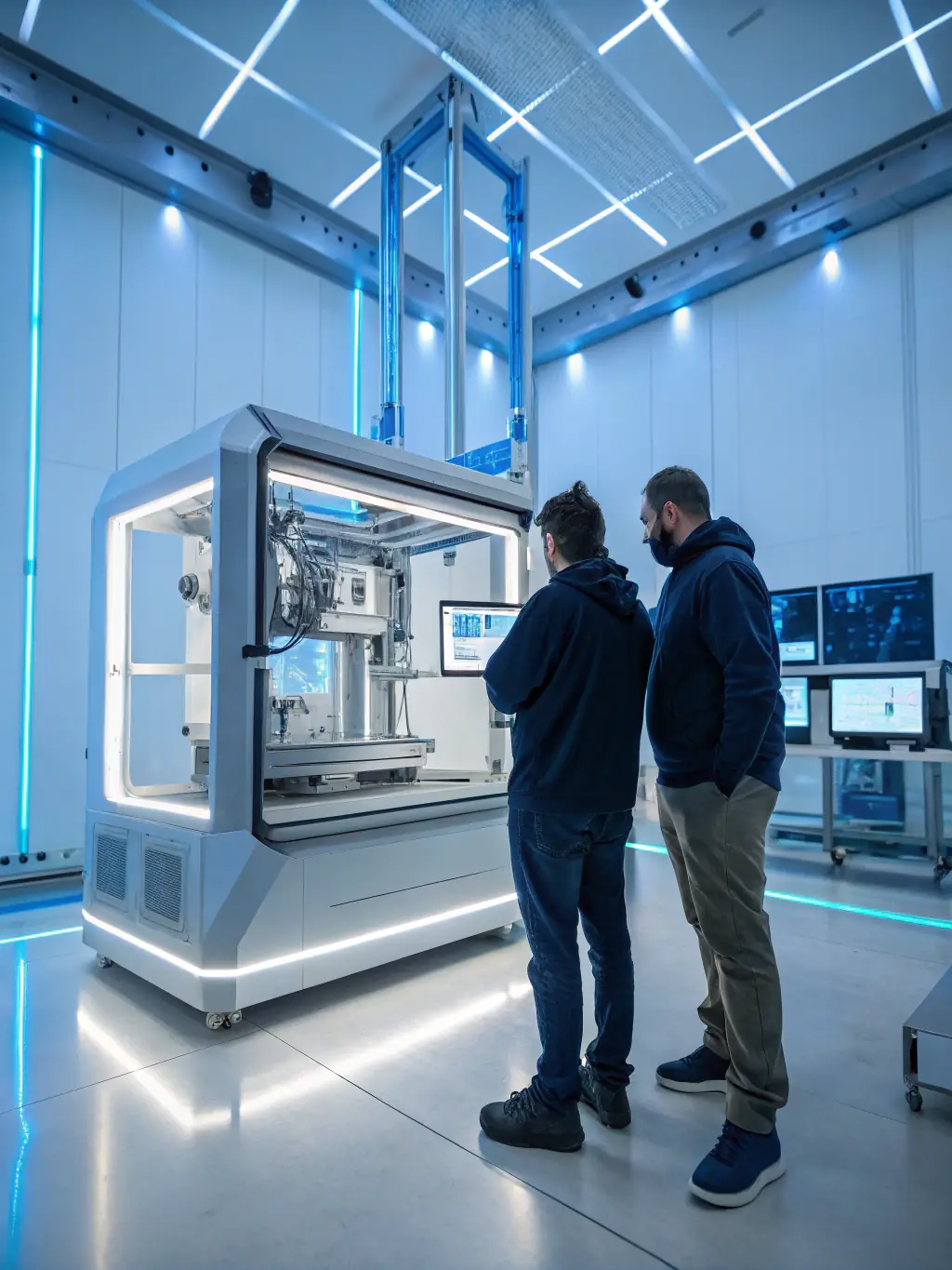 A detailed image of students using a 3D printer to create a scientific prototype, highlighting innovation and design.