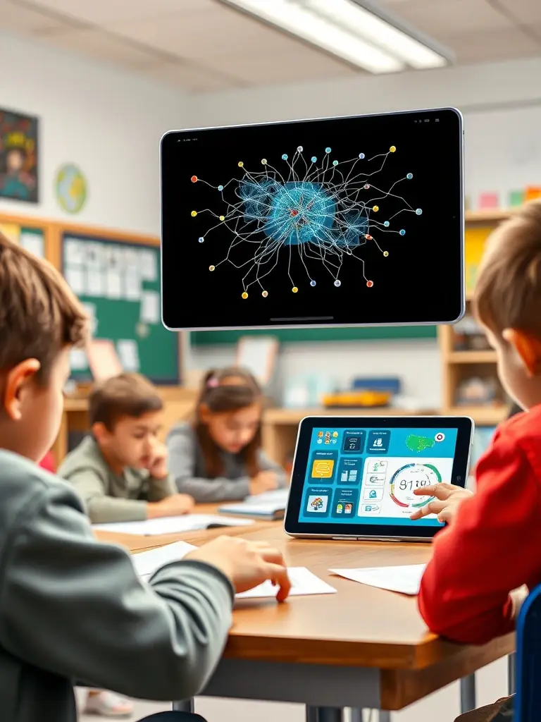 A classroom scene with students interacting with an AI-powered educational platform on tablets, showcasing personalized learning experiences and real-time feedback.