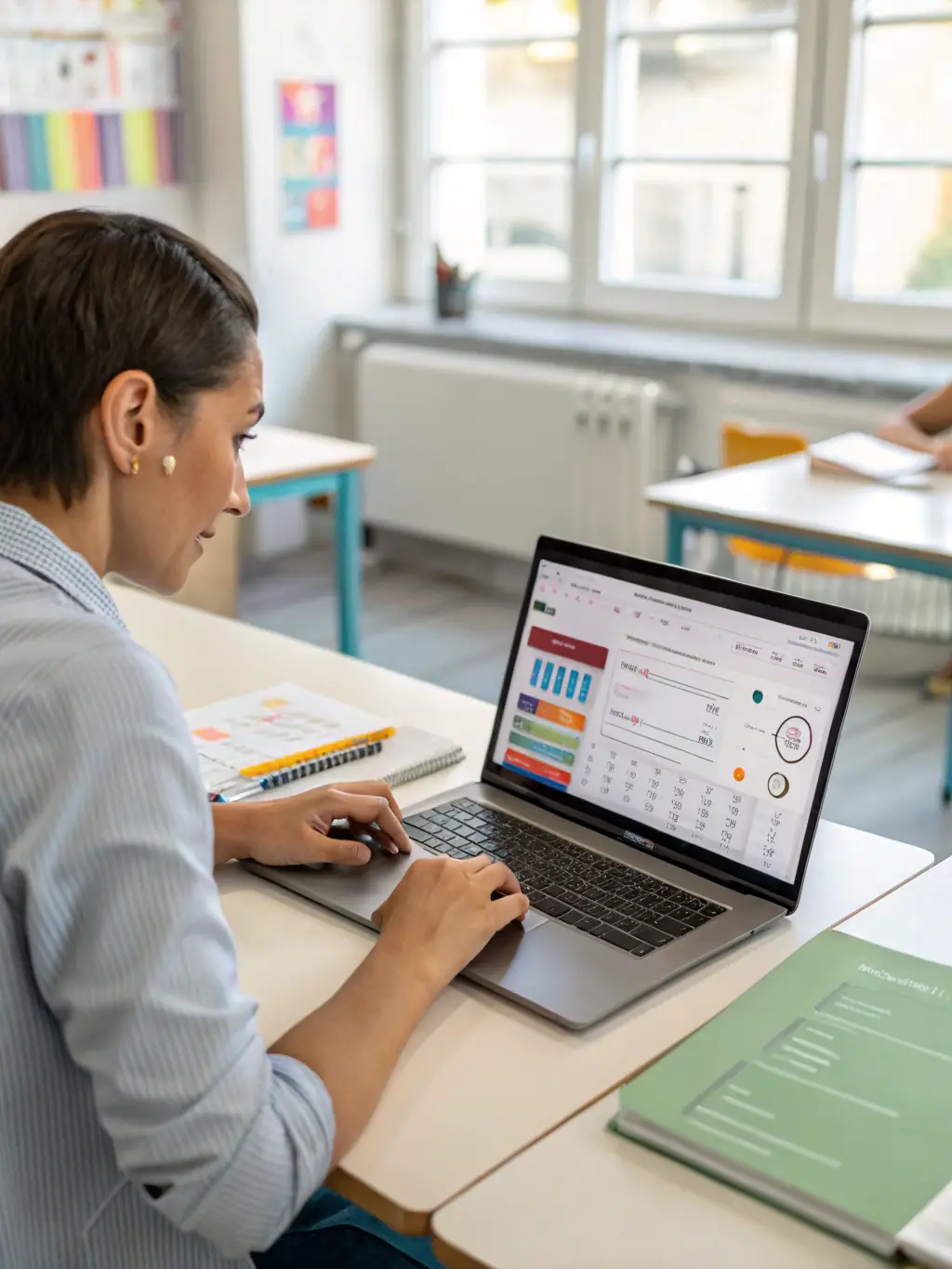 A teacher using an AI-powered learning platform to personalize lessons for each student, with data visualizations showing student progress.