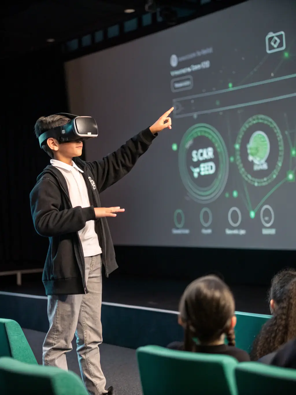 A student wearing a VR headset, immersed in a virtual learning environment, with a subtle Arazaka Corp logo in the corner.