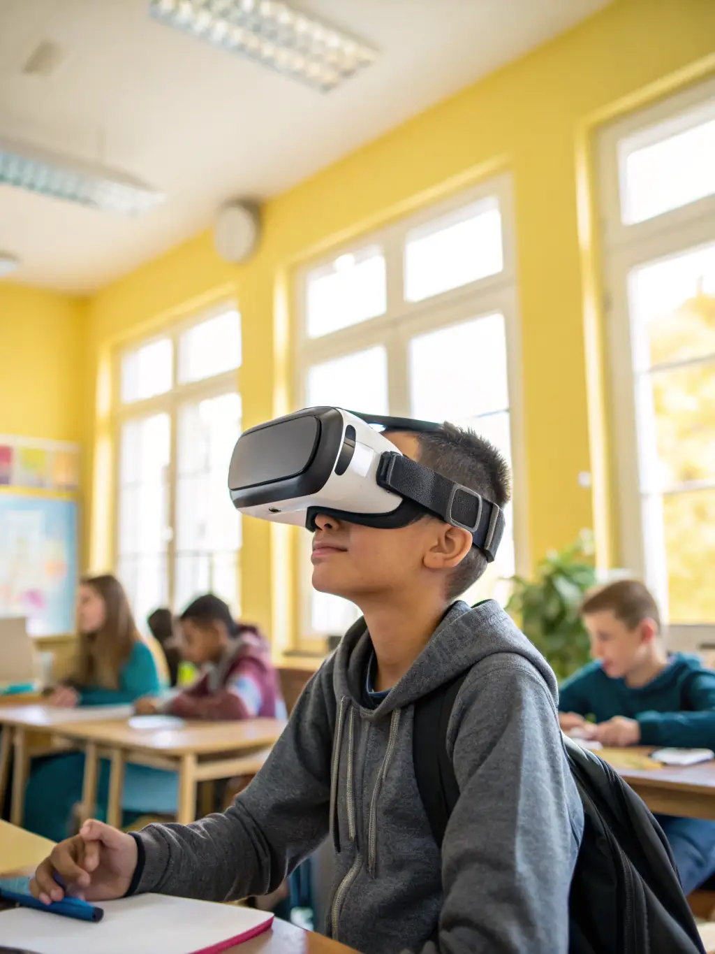 A photo of smiling students using VR headsets in a modern classroom setting, showcasing immersive learning.