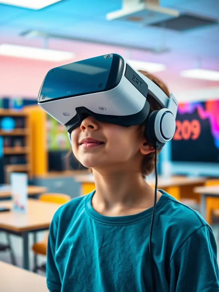 A student wearing a VR headset, deeply immersed in a virtual environment, with a teacher guiding them. The scene emphasizes the immersive and creative learning experience provided by Arazaka's VR solutions.