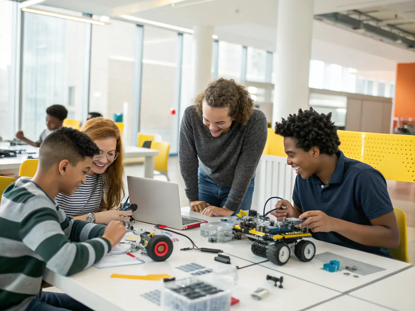 An image depicting students working together in a robotics lab, designing and building robots. The atmosphere is collaborative and focused, emphasizing the hands-on learning experience.