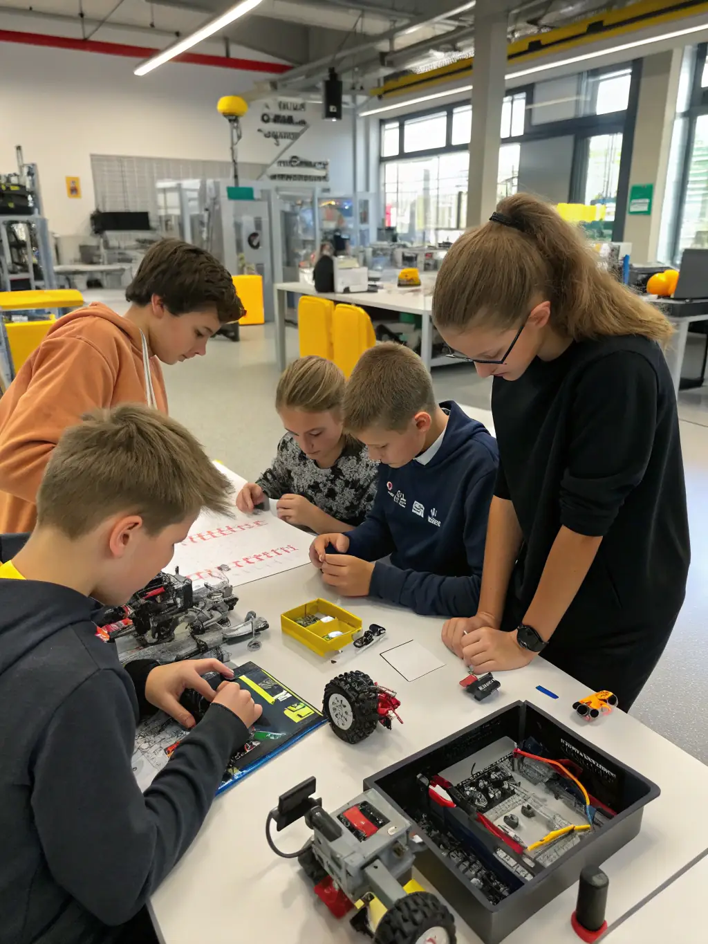 A group of students working collaboratively on a robotics project, with Arazaka Corp's robotics kits visible.
